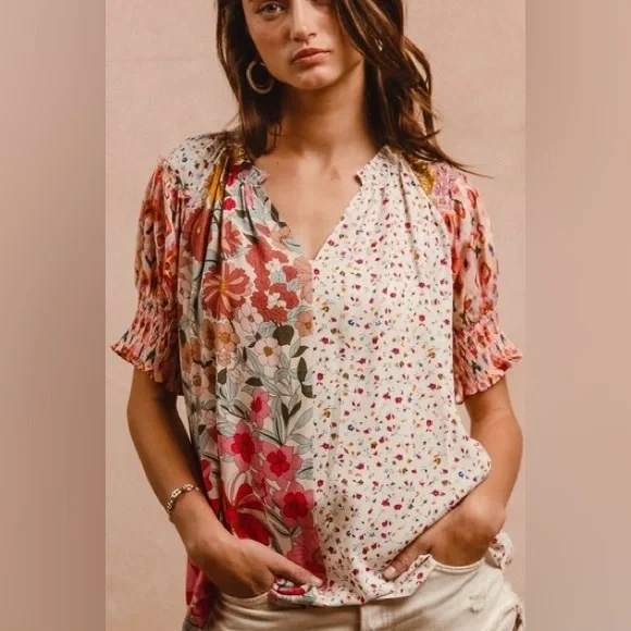 Floral Patchwork Boho Peasant Top | Smocked Sleeve Woven Blouse - Picture 8 of 9